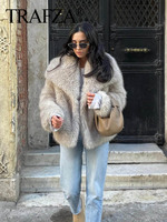 TRAF 2024 Women Fashion Cropped Faux Fur Jacket Coat Long Sleeve Front Snap-button Female Outerwear Chic Lapel Collar Thick Coat 5